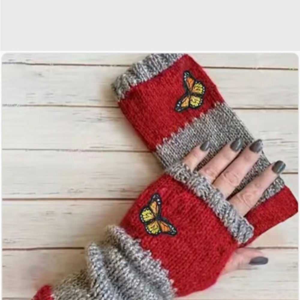 Red and Gray Knit Gloves,Half finger, Butterfly